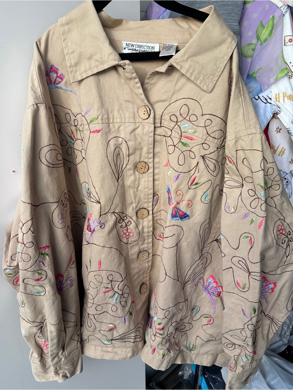 NEW DIRECTION Tan FLORAL EMBROIDERED ButtonUp JACKET VTG Y2K cottagecore RARE 3x